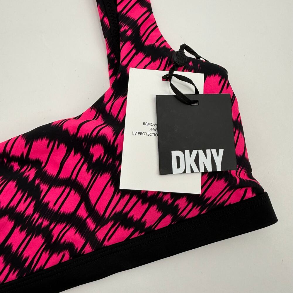 DKNY Bikini Top Size Medium NWT Printed Square Neck Hot Pink Black Swim Sporty - Picture 5 of 13